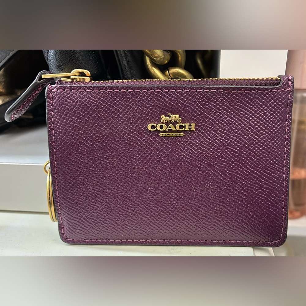 Coach Plum Leather Key Chain Wallet with Gold Accents